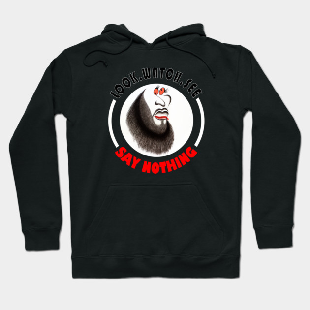 Black graphic hoodie with unique design, featuring bold text and artistic face illustration, perfect for casual wear.