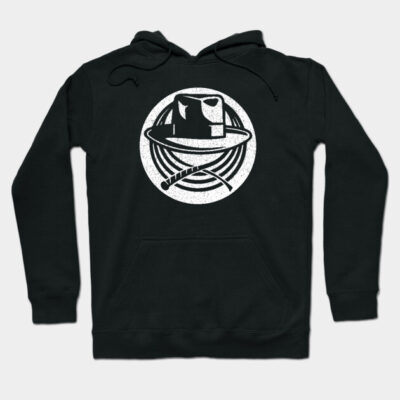 Black hoodie with white adventure-themed graphic, featuring hat and whip design. Comfortable cotton blend, unisex style.