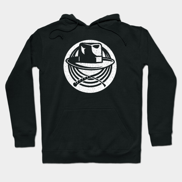 Black hoodie with white adventure-themed graphic, featuring hat and whip design. Comfortable cotton blend, unisex style.
