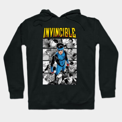 Black "Invincible" hoodie with comic print design, featuring vibrant blue and black artwork. Cozy and stylish for casual wear.