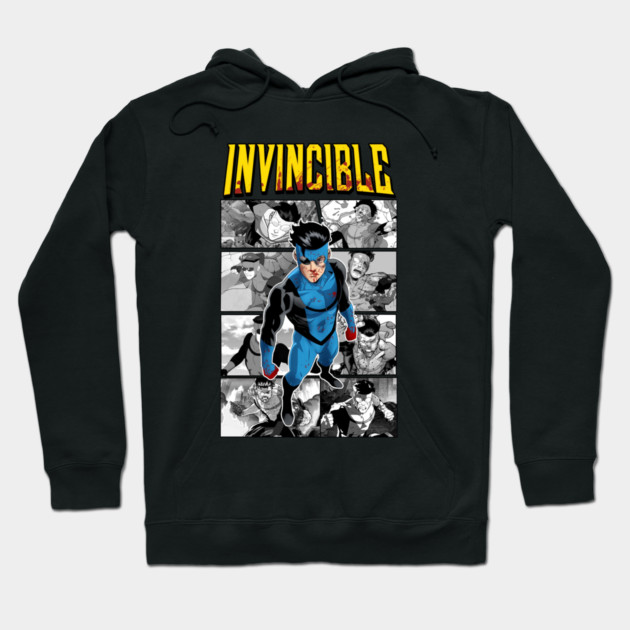 Black "Invincible" hoodie with comic print design, featuring vibrant blue and black artwork. Cozy and stylish for casual wear.