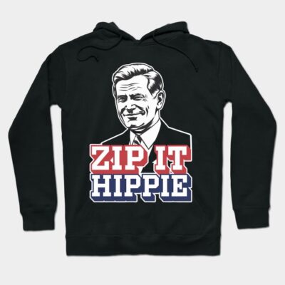 Black hoodie with "Zip It Hippie" graphic text, featuring bold red and blue letters. Casual, comfortable style.