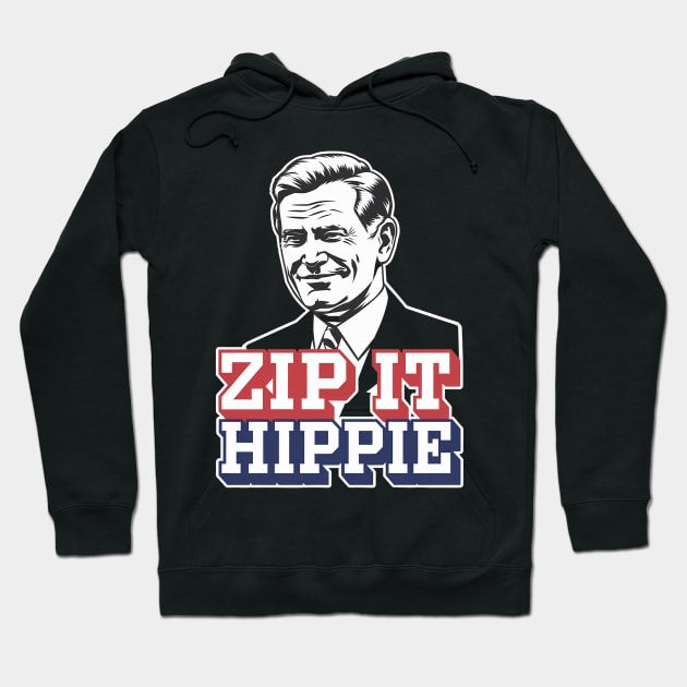 Black hoodie with "Zip It Hippie" graphic text, featuring bold red and blue letters. Casual, comfortable style.