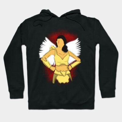Black hoodie featuring a graphic of a winged superhero in yellow costume, perfect for casual wear and comfort.