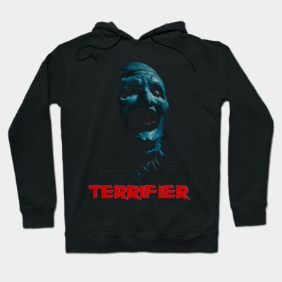 Black horror-themed hoodie with a blue graphic design and "Terrifier" text, ideal for casual wear, cotton blend material.