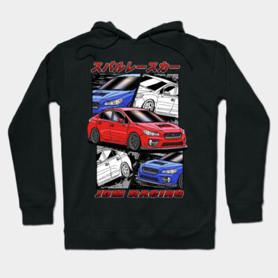 Black hoodie with JDM racing car graphic in red and blue, featuring sporty Japanese lettering. Ideal for car enthusiasts.