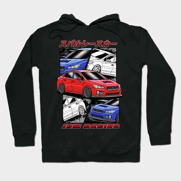 Black hoodie with JDM racing car graphic in red and blue, featuring sporty Japanese lettering. Ideal for car enthusiasts.