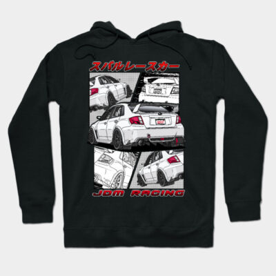 Black hoodie with JDM racing graphic design, featuring white sports car illustrations, perfect for car enthusiasts.