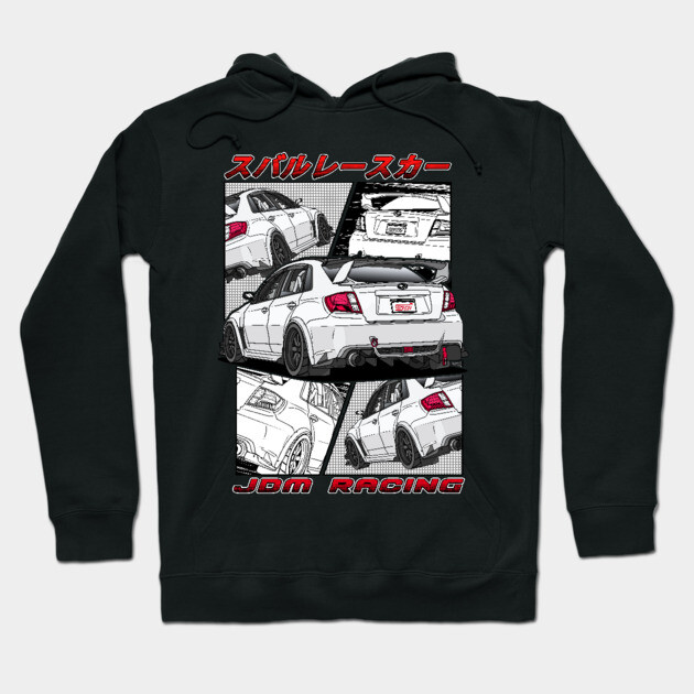 Black hoodie with JDM racing graphic design, featuring white sports car illustrations, perfect for car enthusiasts.