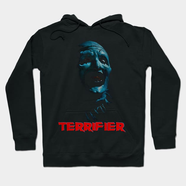 Black horror-themed hoodie with a blue graphic design and "Terrifier" text, ideal for casual wear, cotton blend material.