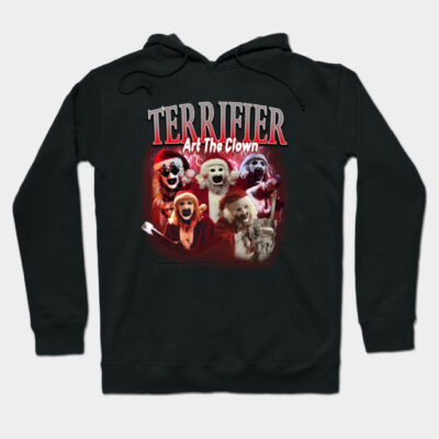 Black hoodie with horror-themed clown graphic, bold "Terrifier" text. Casual wear, soft cotton material.