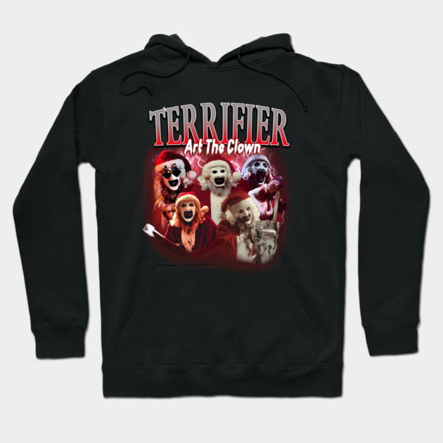 Black hoodie with horror-themed clown graphic, bold "Terrifier" text. Casual wear, soft cotton material.