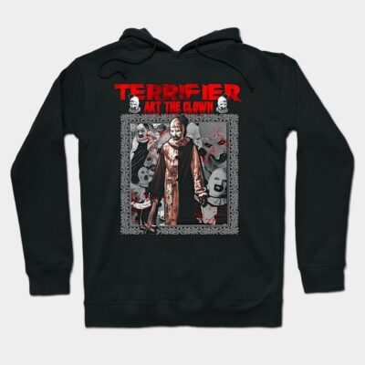 Black horror-themed hoodie featuring a graphic print, perfect for casual wear and Halloween events.
