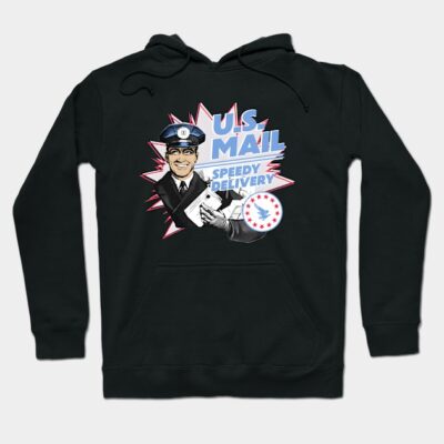 Black hoodie with "U.S. Mail Speedy Delivery" graphic, featuring vintage postal theme and star design.