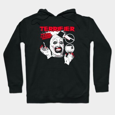 Black hoodie with horror-themed graphic design, bold red text, and white illustrations. Perfect for casual wear.