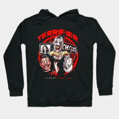 Black horror-themed hoodie with graphic design, featuring bold red and white artwork, perfect for casual wear.