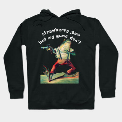 Black hoodie with quirky graphic and text "strawberry jams but my guns don't," featuring a unique retro design.