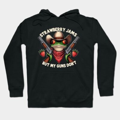 Black hoodie with playful frog design, cowboy hat, strawberries, and text "Strawberry Jams But My Guns Don't."