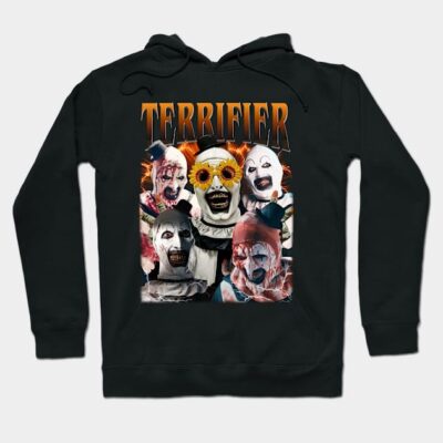 Black "Terrifier" graphic hoodie featuring horror-themed design, perfect for fans of scary movies, cotton material.