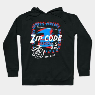 Black hoodie featuring a vintage postal service design with bold typography and graphics, ideal for casual wear.