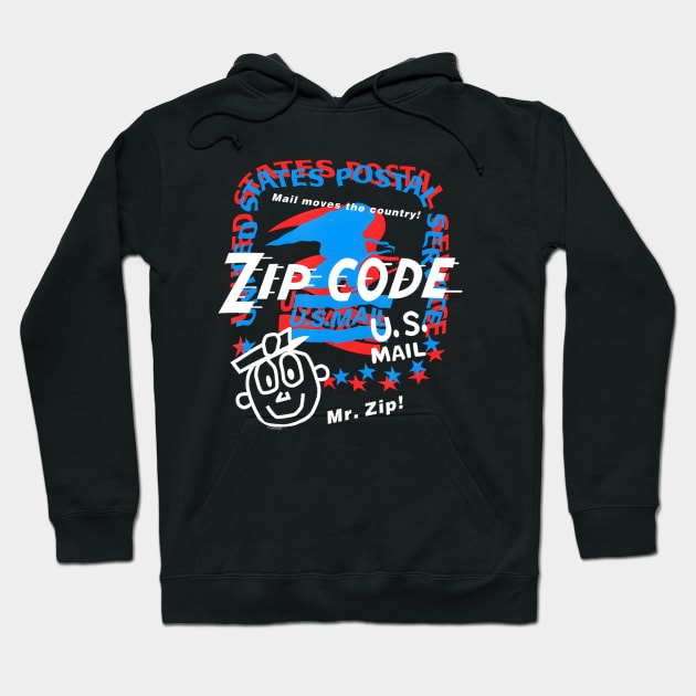 Black hoodie featuring a vintage postal service design with bold typography and graphics, ideal for casual wear.