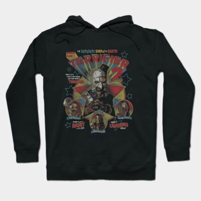 Black hoodie with "Terrifier 2" graphic design, horror-themed, casual wear, cotton material, unisex style.