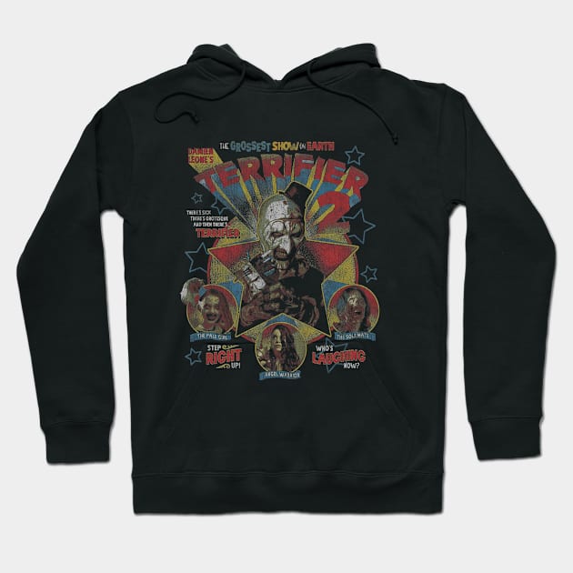 Black hoodie with "Terrifier 2" graphic design, horror-themed, casual wear, cotton material, unisex style.