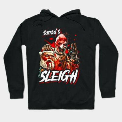 Black horror-themed hoodie with "Santa's Sleigh" graphic design, featuring vivid red and white colors for Halloween.