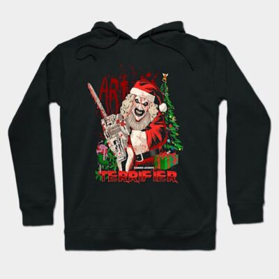 Black horror-themed hoodie with Christmas design, featuring Santa with a chainsaw, ideal for festive occasions.
