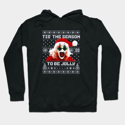 Black holiday hoodie with festive "Tis the Season to be Jolly" design, featuring Christmas graphics and Santa theme.