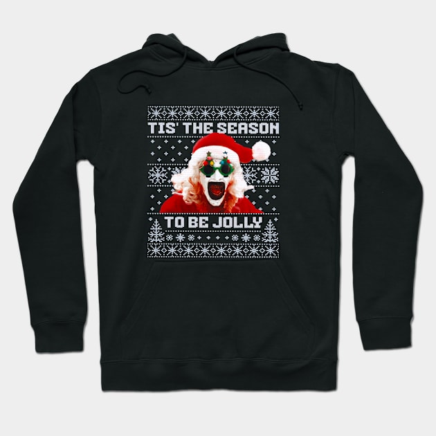 Black holiday hoodie with festive "Tis the Season to be Jolly" design, featuring Christmas graphics and Santa theme.