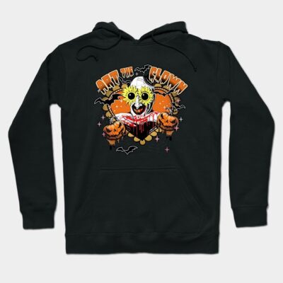 Black hoodie with vibrant clown graphic, Halloween theme, featuring pumpkins and bats, cotton blend, unisex casual wear.