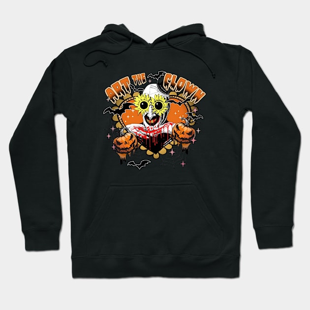 Black hoodie with vibrant clown graphic, Halloween theme, featuring pumpkins and bats, cotton blend, unisex casual wear.