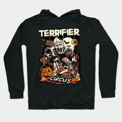 Black Halloween-themed hoodie with "Terrifier Circus" graphic, featuring pumpkins and spooky designs. Perfect for fall wear.