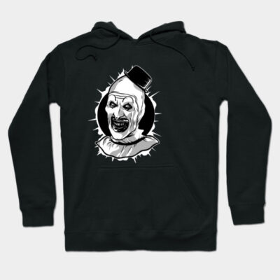 Black hoodie with creepy clown graphic, unisex style, cotton blend, perfect for casual wear or Halloween events.