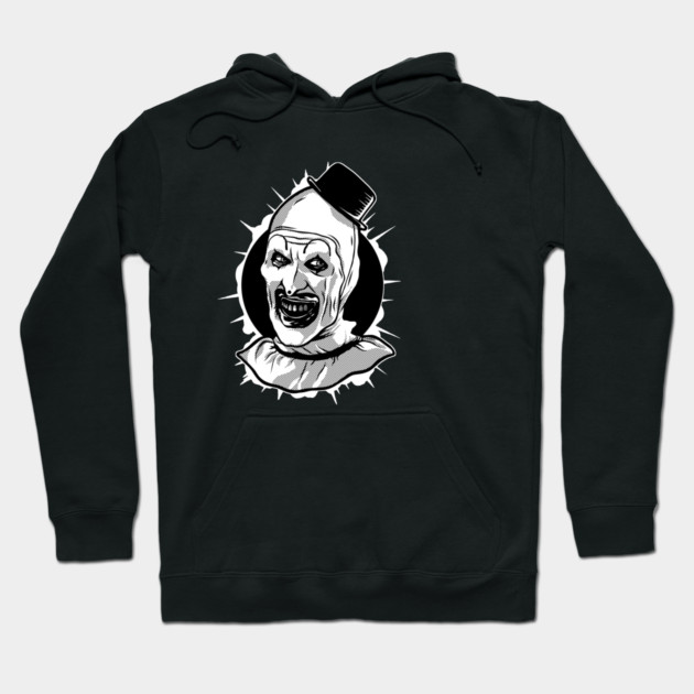 Black hoodie with creepy clown graphic, unisex style, cotton blend, perfect for casual wear or Halloween events.