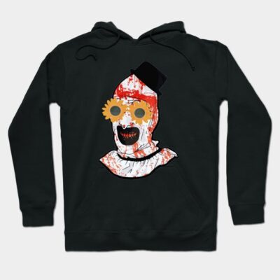 Black graphic hoodie with abstract clown design, featuring colorful accents, perfect for casual wear or themed events.