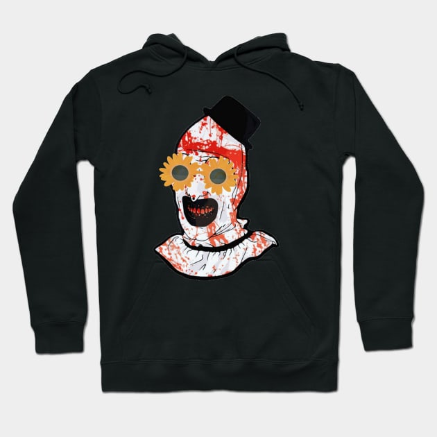 Black graphic hoodie with abstract clown design, featuring colorful accents, perfect for casual wear or themed events.