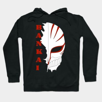 Black hoodie with a bold white and red mask graphic and "BANKAI" text, perfect for casual wear and street style.