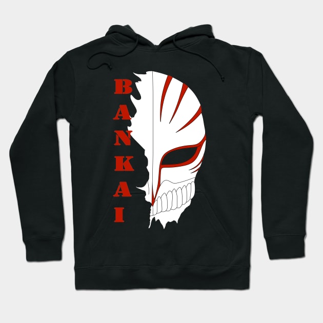 Black hoodie with a bold white and red mask graphic and "BANKAI" text, perfect for casual wear and street style.