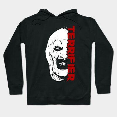 Black hoodie with bold "Terrifier" graphic in red and white, featuring a horror-themed design, perfect for casual wear.