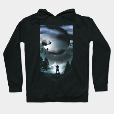 Black hoodie with moonlit forest graphic, featuring a silhouette design. Cozy cotton material, perfect for casual wear.