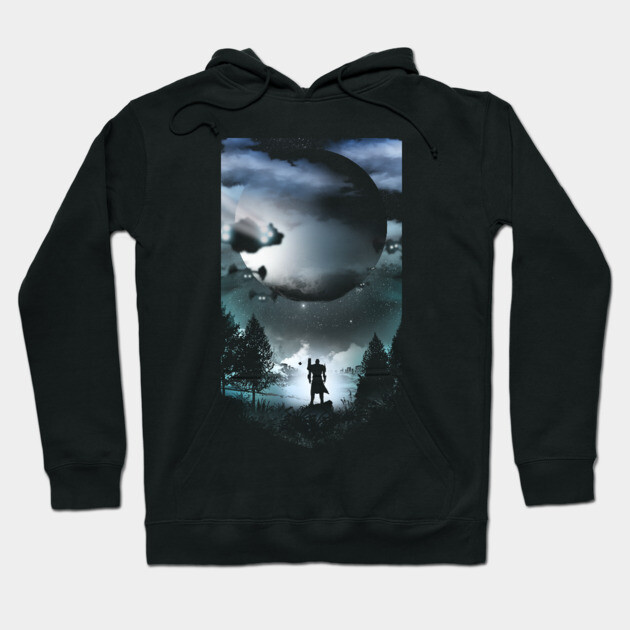 Black hoodie with moonlit forest graphic, featuring a silhouette design. Cozy cotton material, perfect for casual wear.