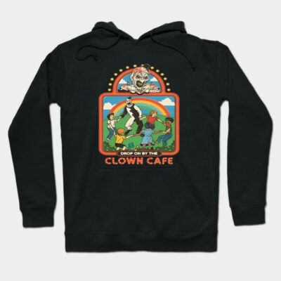 Black graphic hoodie featuring retro "Clown Cafe" design with vibrant colors, ideal for casual wear and comfort.