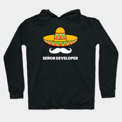 Black hoodie with colorful sombrero and mustache graphic, text "Señor Developer", soft cotton, casual wear.