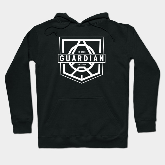Black hoodie with white "Guardian" graphic, featuring kangaroo pocket and drawstring hood, perfect for casual wear.