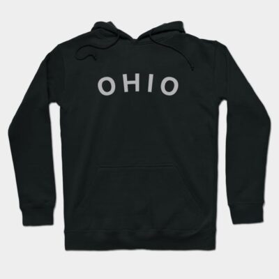 Black Ohio hoodie with front pocket, drawstrings, and bold white lettering. Perfect for casual wear and warmth.