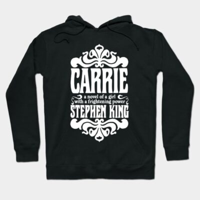 Black hoodie with "Carrie" book-themed design, white text and graphics, cozy cotton blend, perfect for casual wear.