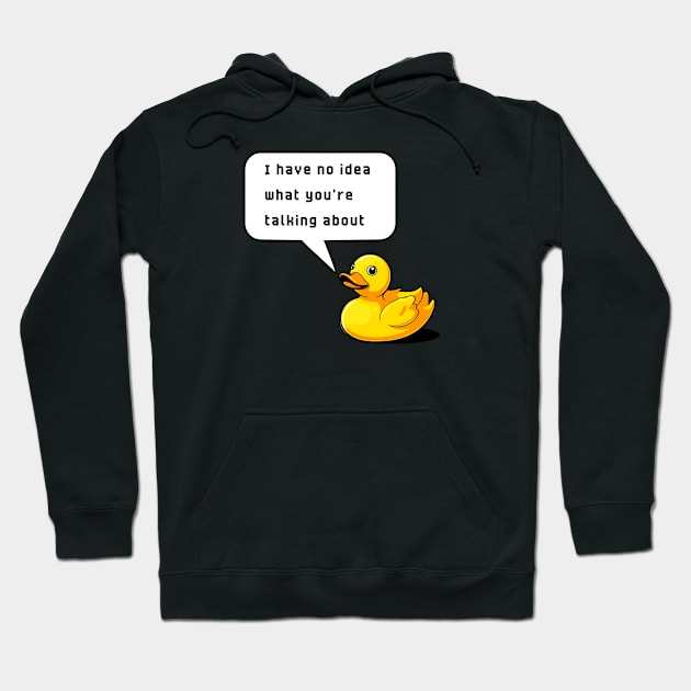 Black hoodie with yellow duck graphic and humorous speech bubble, perfect for casual wear.