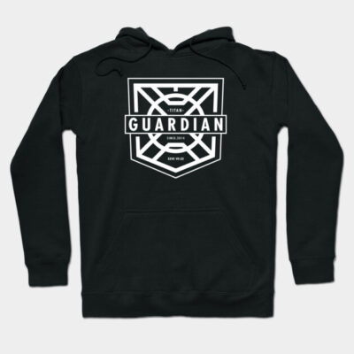 Black hoodie with white "Guardian" logo, modern graphic design, comfortable cotton blend, casual wear.
